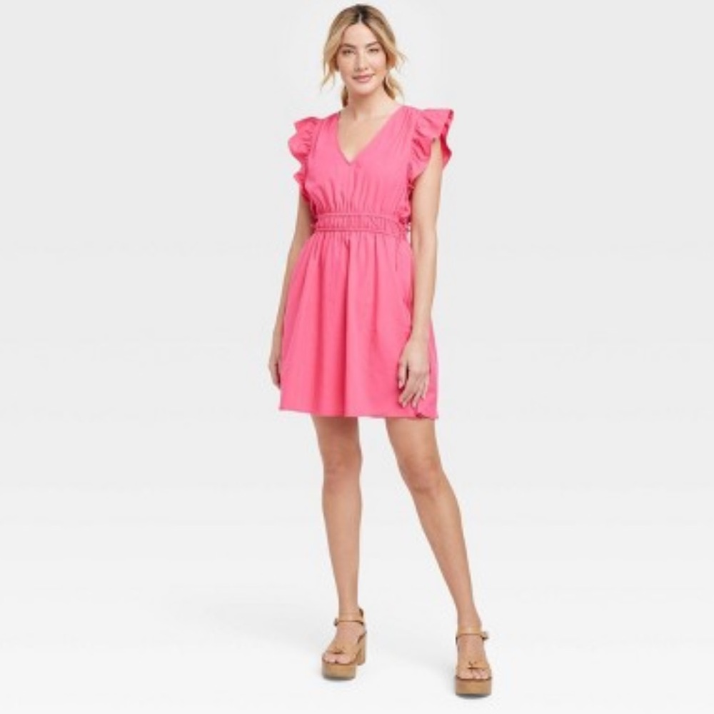 Universal Thread- Flutter Sleeve V-Neck Dress with Elastic Waist, Pink, Size XL